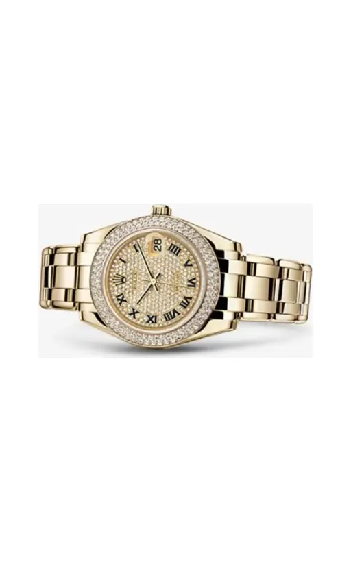 Rolex Datejust Pearlmaster 34 Yellow Gold Double Diamond Paved Roman