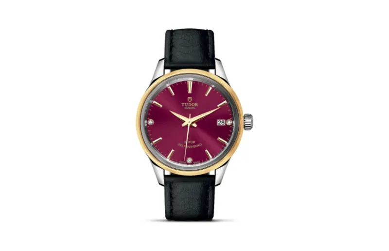Tudor Style 34 Stainless Steel / Yellow Gold / Burgundy-Diamond / Strap
