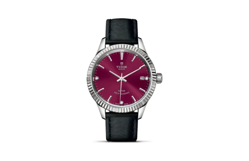 Tudor Style 34 Stainless Steel / Fluted / Burgundy-Diamond / Strap