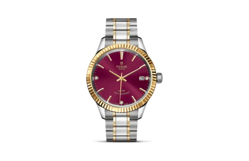 Tudor Style 34 Stainless Steel / Yellow Gold / Fluted / Burgundy-Diamond / Bracelet