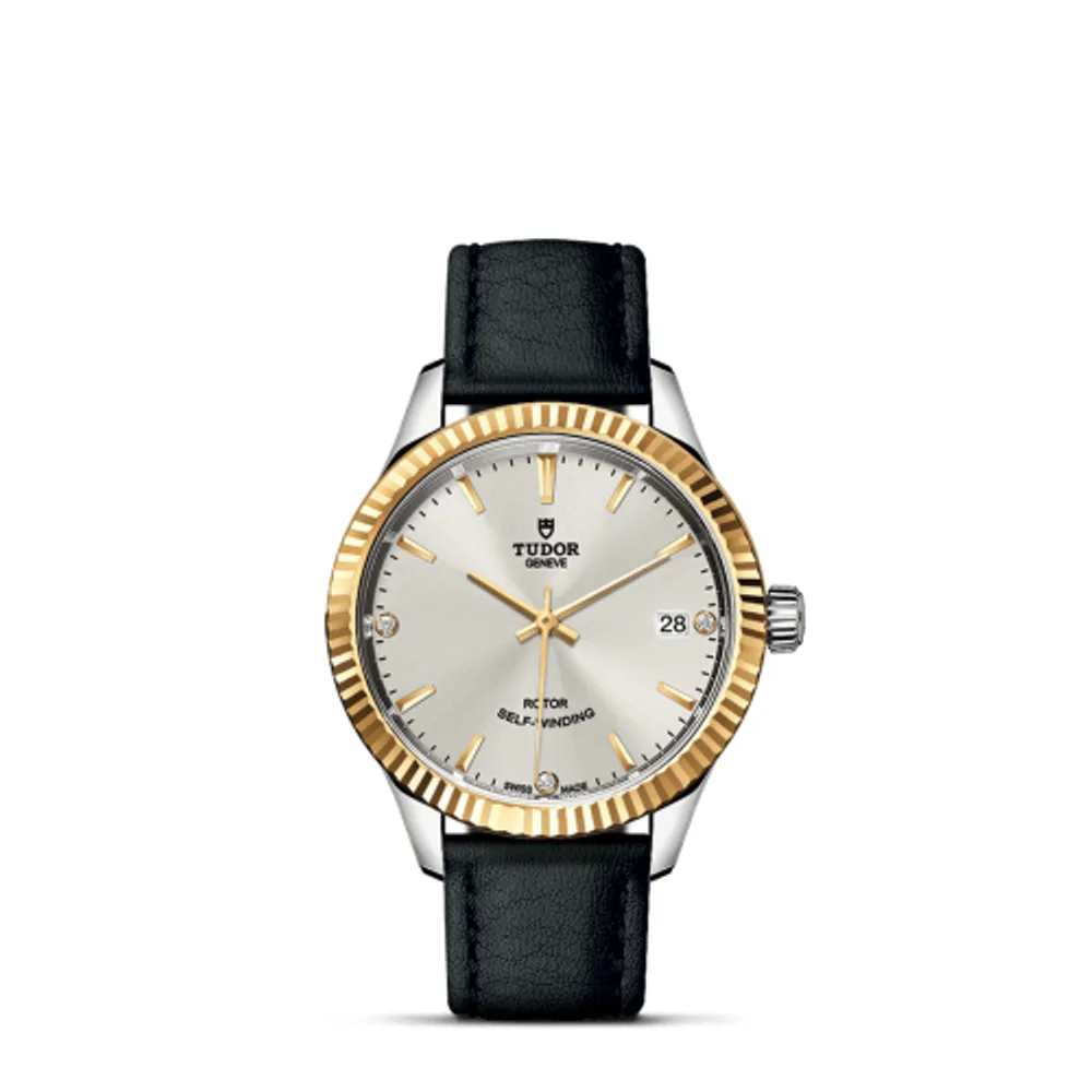 Tudor Style 34 Stainless Steel / Yellow Gold / Fluted / Silver-Diamond / Strap