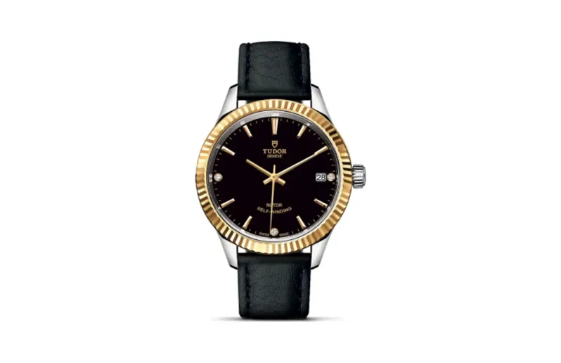 Tudor Style 34 Stainless Steel / Yellow Gold / Fluted / Black-Diamond / Strap