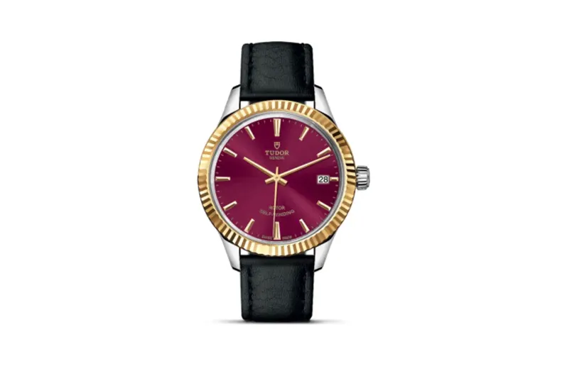 Tudor Style 34 Stainless Steel / Yellow Gold / Fluted / Burgundy / Strap
