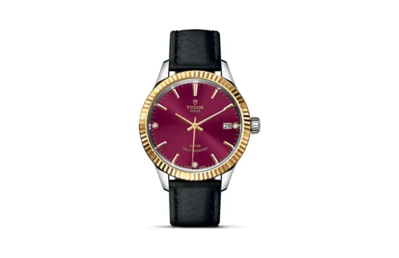Tudor Style 34 Stainless Steel / Yellow Gold / Fluted / Burgundy-Diamond / Strap