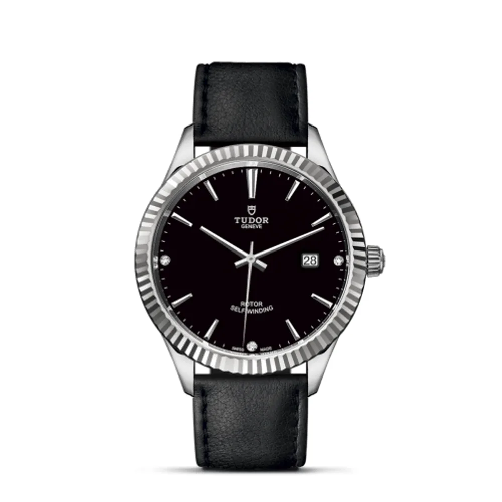 Tudor Style 41 Stainless Steel / Fluted / Black-Diamond / Strap