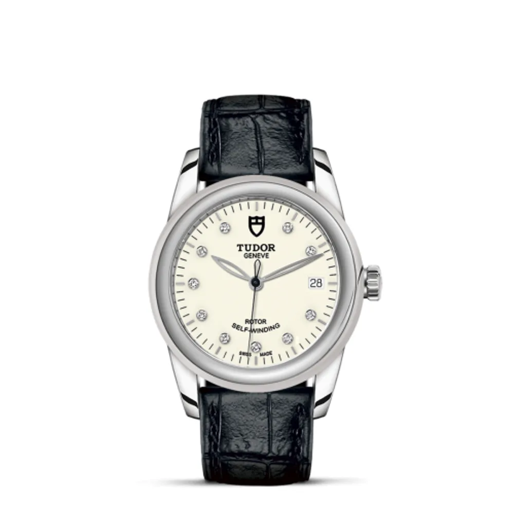 Tudor Glamour Date 36 Stainless Steel / Opaline-Diamond / Strap