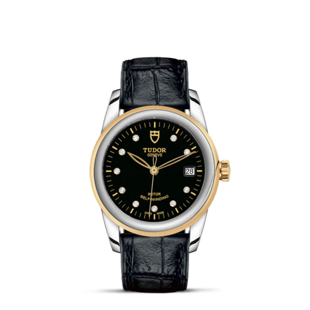Tudor Glamour Date 36 Stainless Steel / Yellow Gold / Black-Diamond / Strap